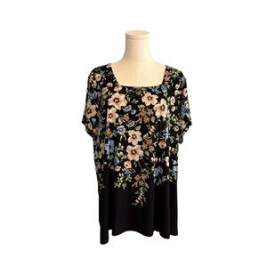 Susan Graver Women's XL Black Floral Soft Stretchy Casual Fairy Short Sleeve Top